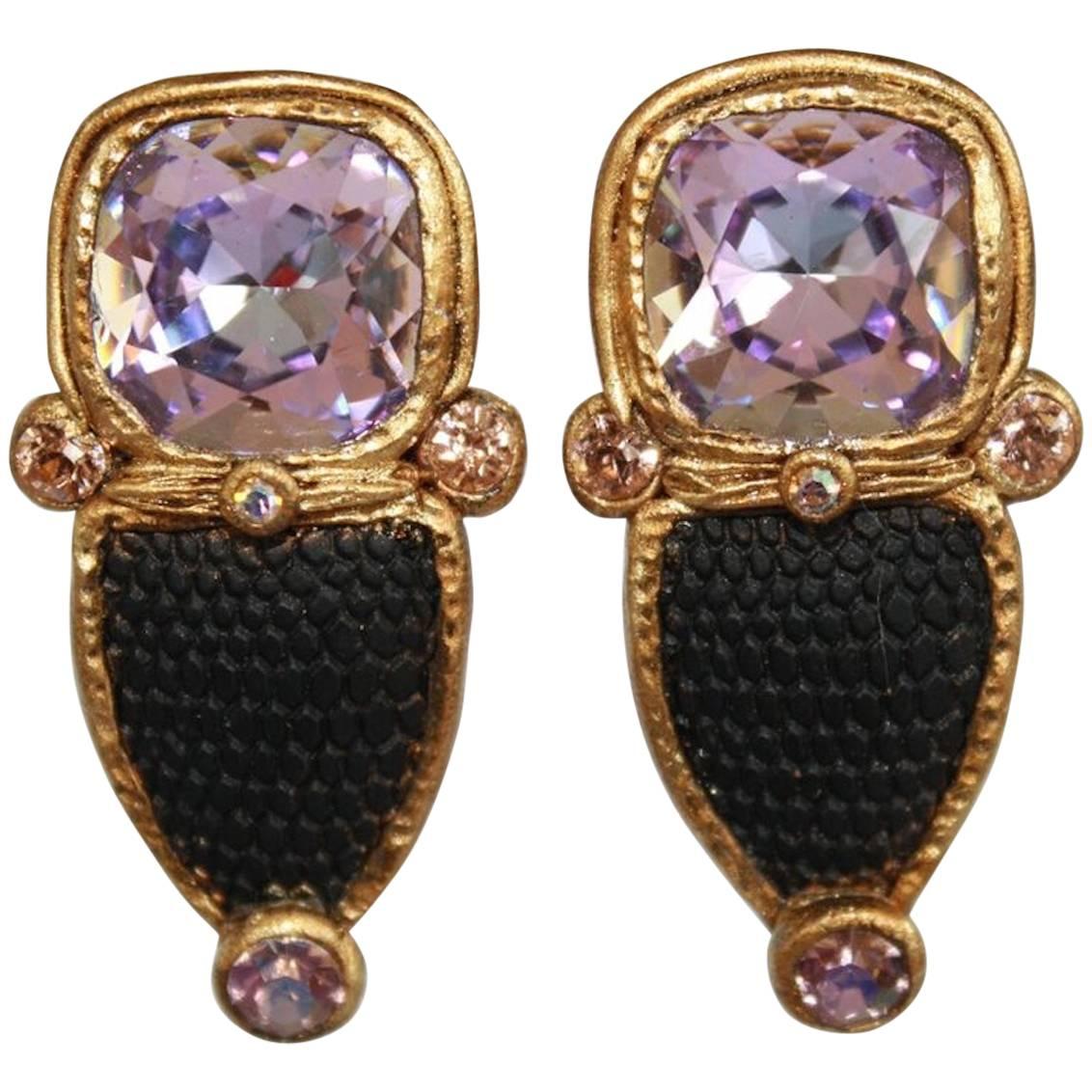 Ella K Black Vintage Glass and Swarovski Crystal Clip Earrings