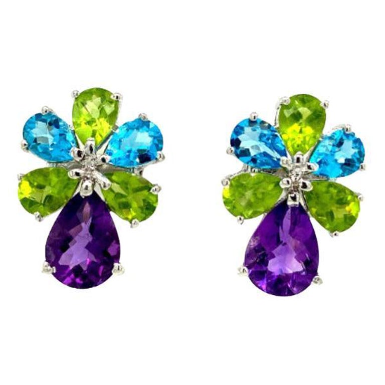 Amethyst, Blue Topaz and Peridot Multi Gemstone Stud Earrings in Sterling Silver