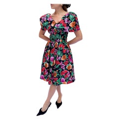 Retro 1980s FLORAL PUFF SLEEVE CAPE NECK PARTY DRESS