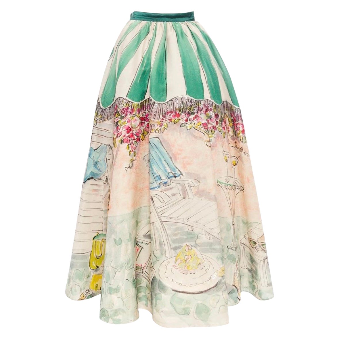 Perry Ellis 1992 Hand-Painted Cotton Organdy Full Skirt (Marc Jacobs) For Sale