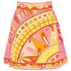 EMILIO PUCCI c.1960s Pink Orange Floral Signature Print Cotton A-Line Mini Skirt 1