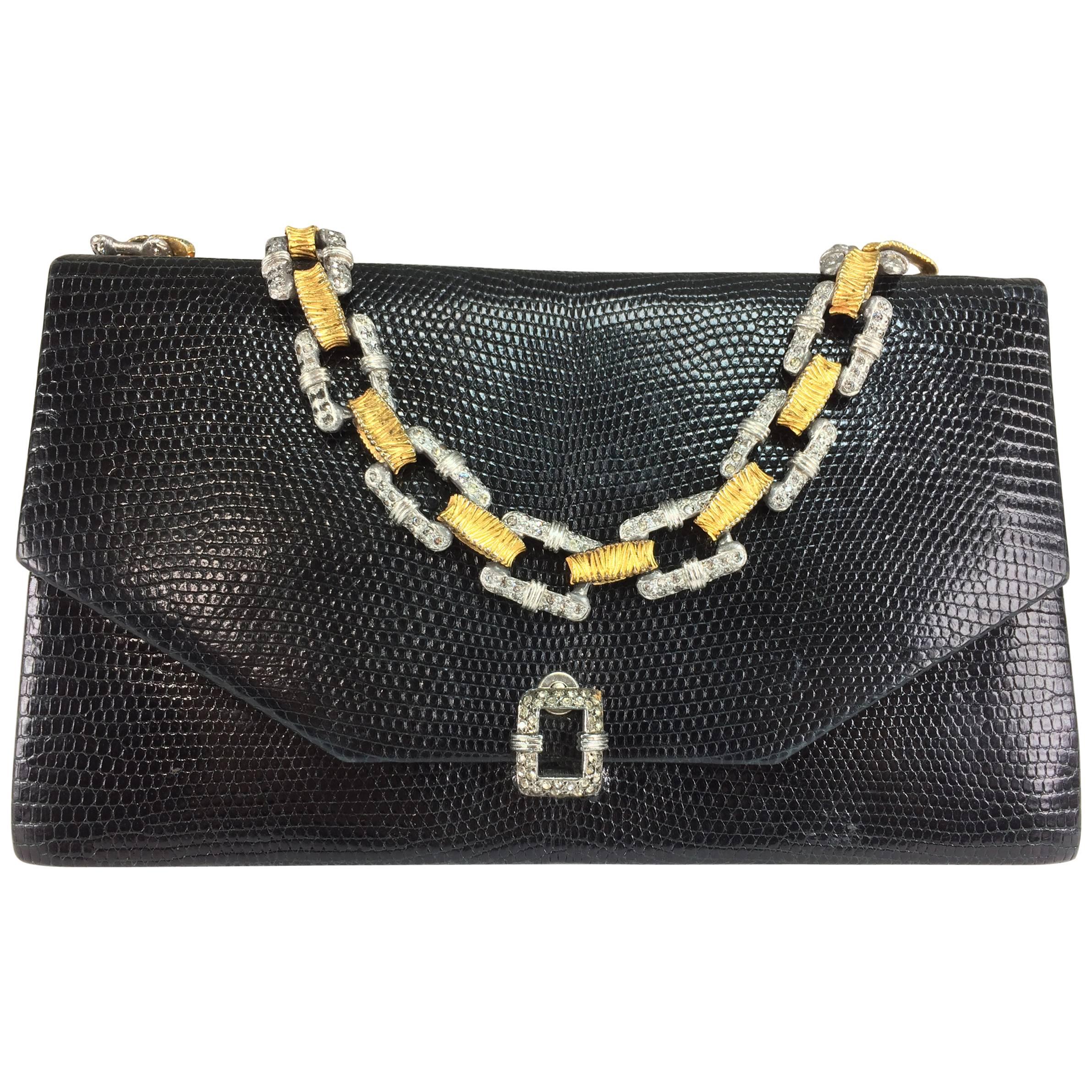 Jacomo glazed black lizard evening bag with silver & gold chain handle 1960s