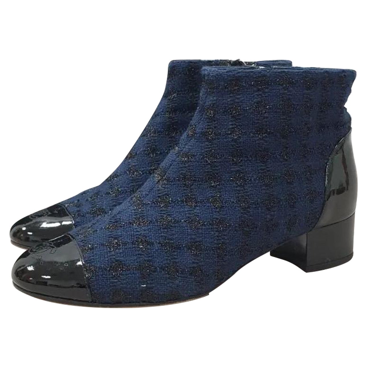 Chanel Tweed Patent Leather Ankle Boots