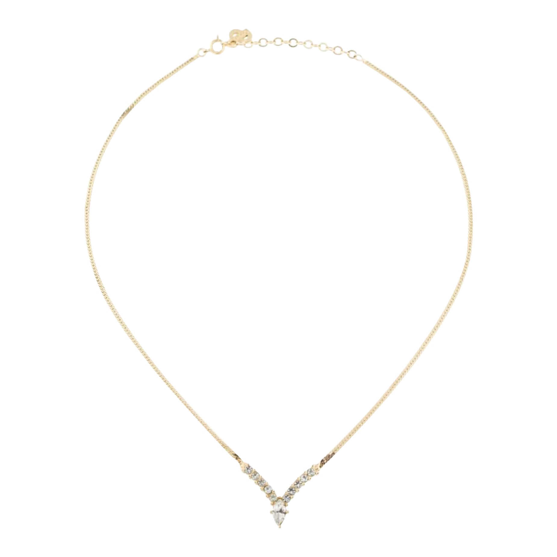 Christian Dior Vintage 1980 Sparkling Crystals Oval Triangle V Pendant Necklace