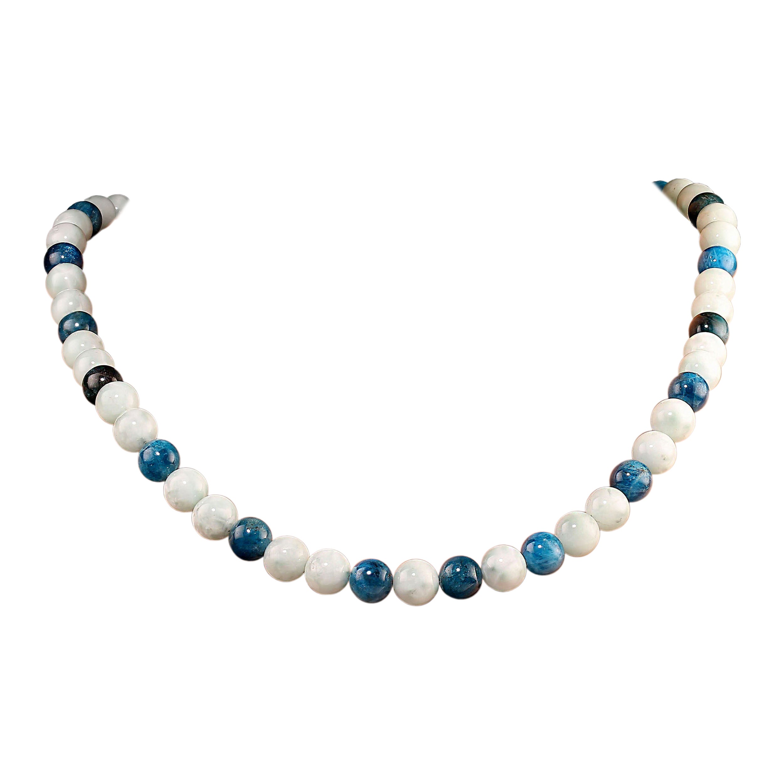 25-inch angelite and apatite necklace in shades of soft green and deep green. These gorgeous 10mm gemstones are smooth and highly polished. The necklace is secured with a silver plate box clasp with green druzy accent.  MN2413 
