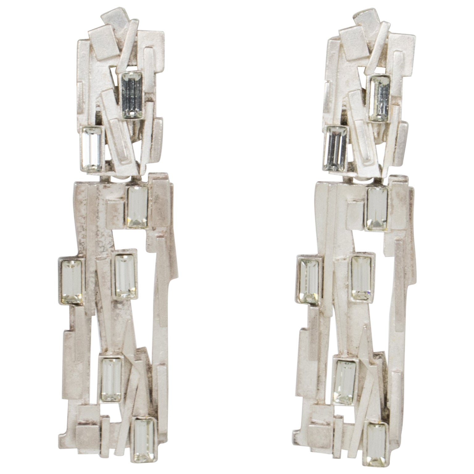 Claude Montana Brutalist Silver Plate Jeweled Dangle Clip Earrings  For Sale
