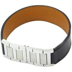 Hermes Black Leather Silver 'H' Unisex Cuff Bangle Bracelet in Box