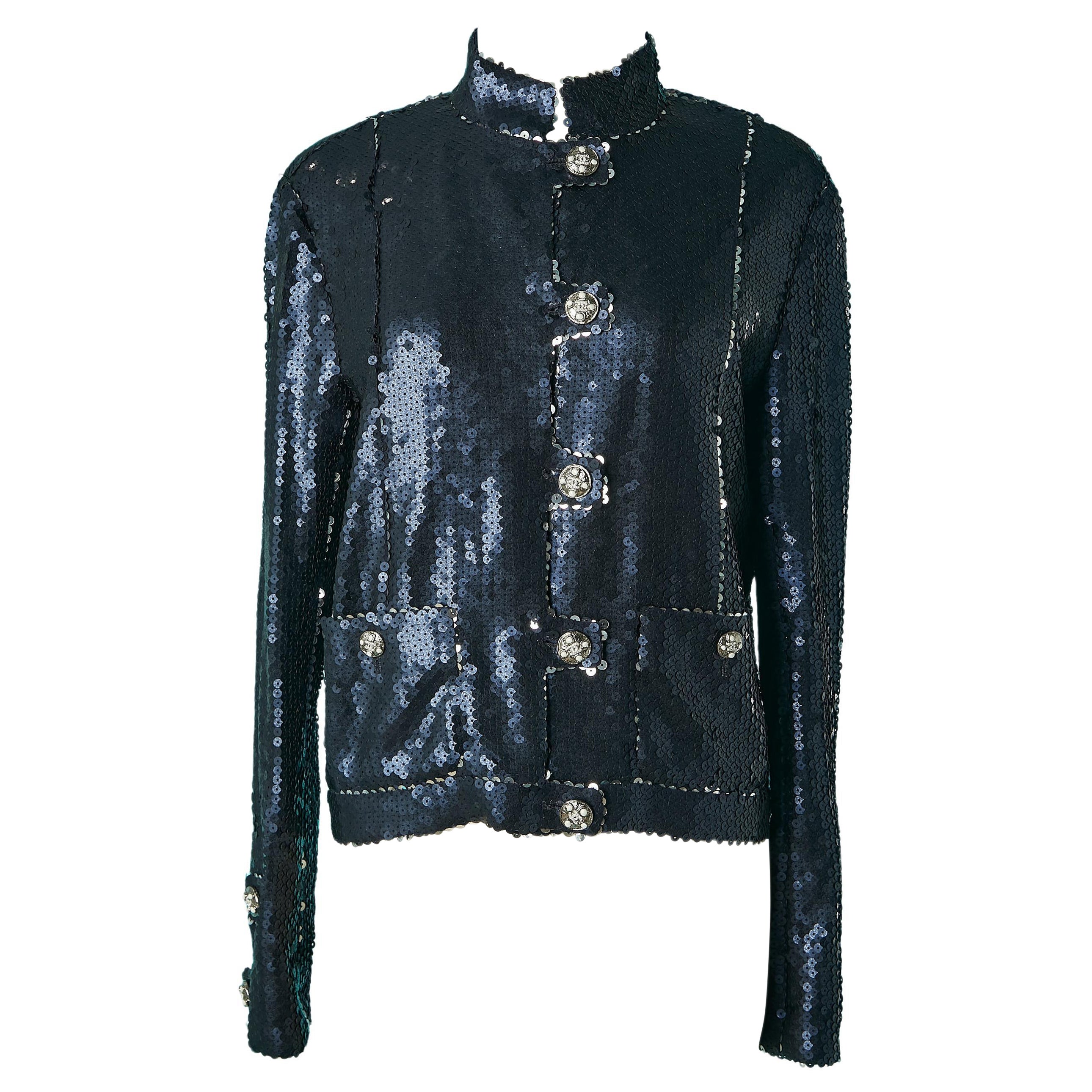 Navy blue sequin jacket with branded jewelerry button Chanel Resort 2023 For Sale