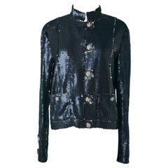 Navy blue sequin jacket with branded jewelerry button Chanel Resort 2023