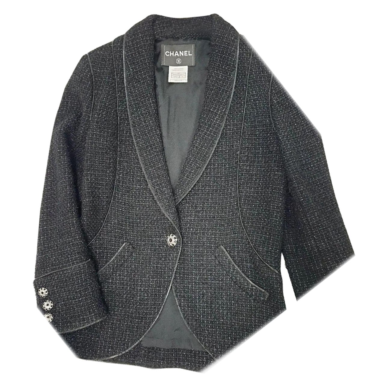 Chanel CC Jewel Gripoix Jacke aus grauem Tweed mit Knopfleisten in Grau im Angebot