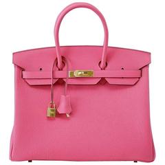 HERMES BIRKIN 35 Bag Rare Pink Rose Lipstick Togo Gold Hardware
