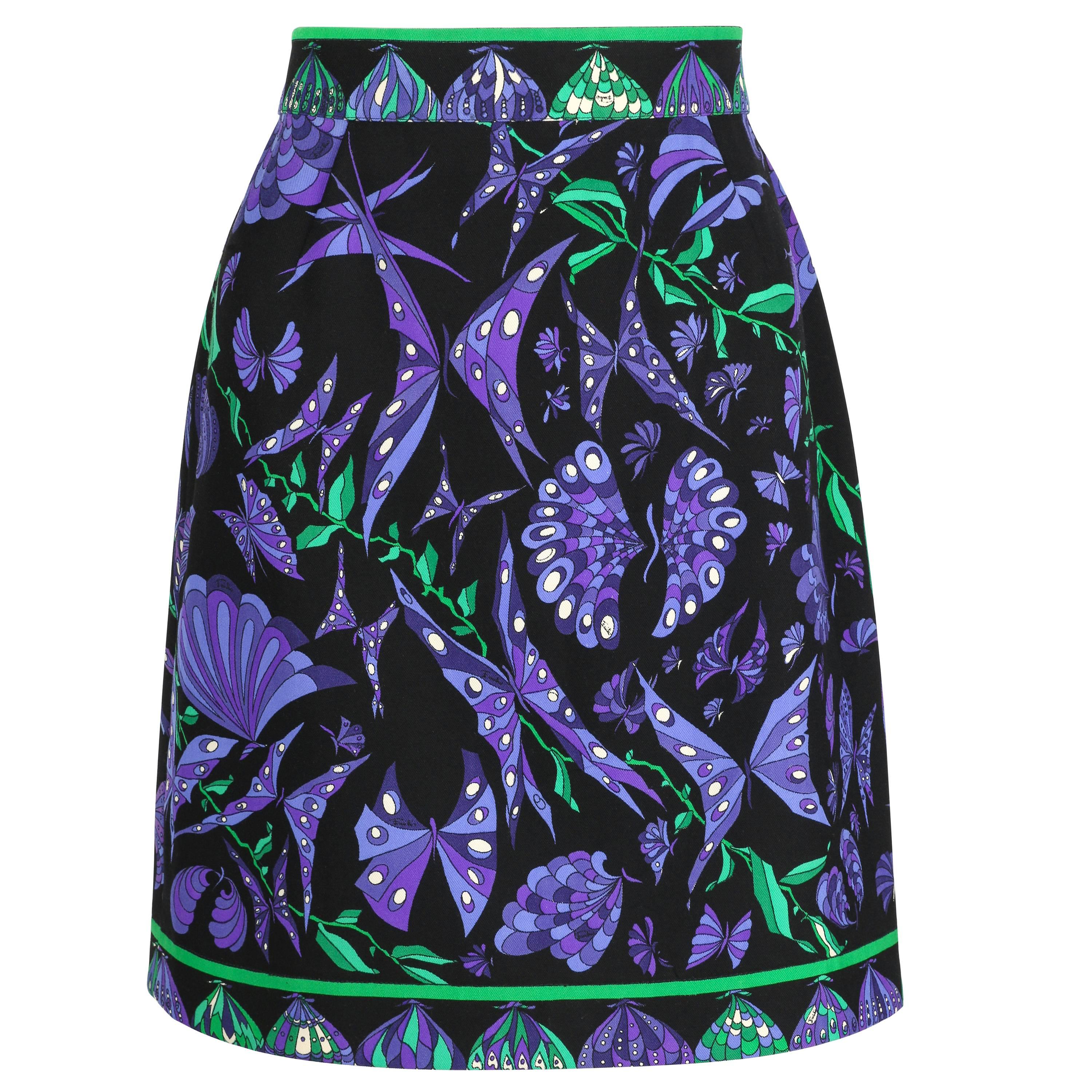 EMILIO PUCCI c.1970's Black Purple Butterfly Signature Print Wool A-Line Skirt
