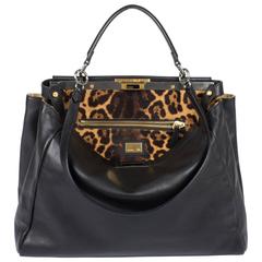 Fendi Peekaboo Leopard-Lined Large Bag - black leather limited edition