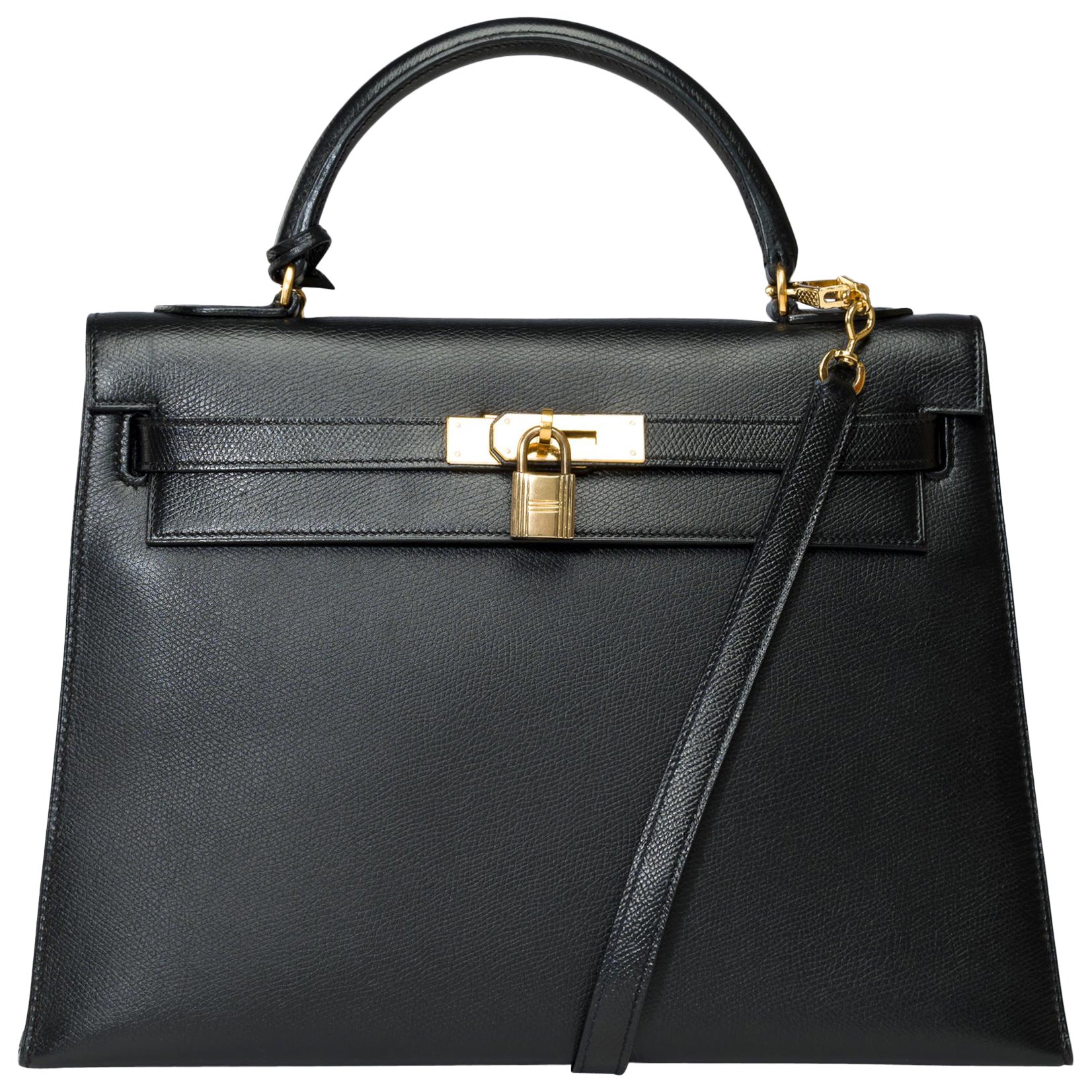 Vintage Hermès Kelly 32 sellier handbag strap in Black Courchevel leather, GHW