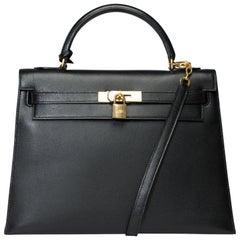 Vintage Hermès Kelly 32 sellier handbag strap in Black Courchevel leather, GHW
