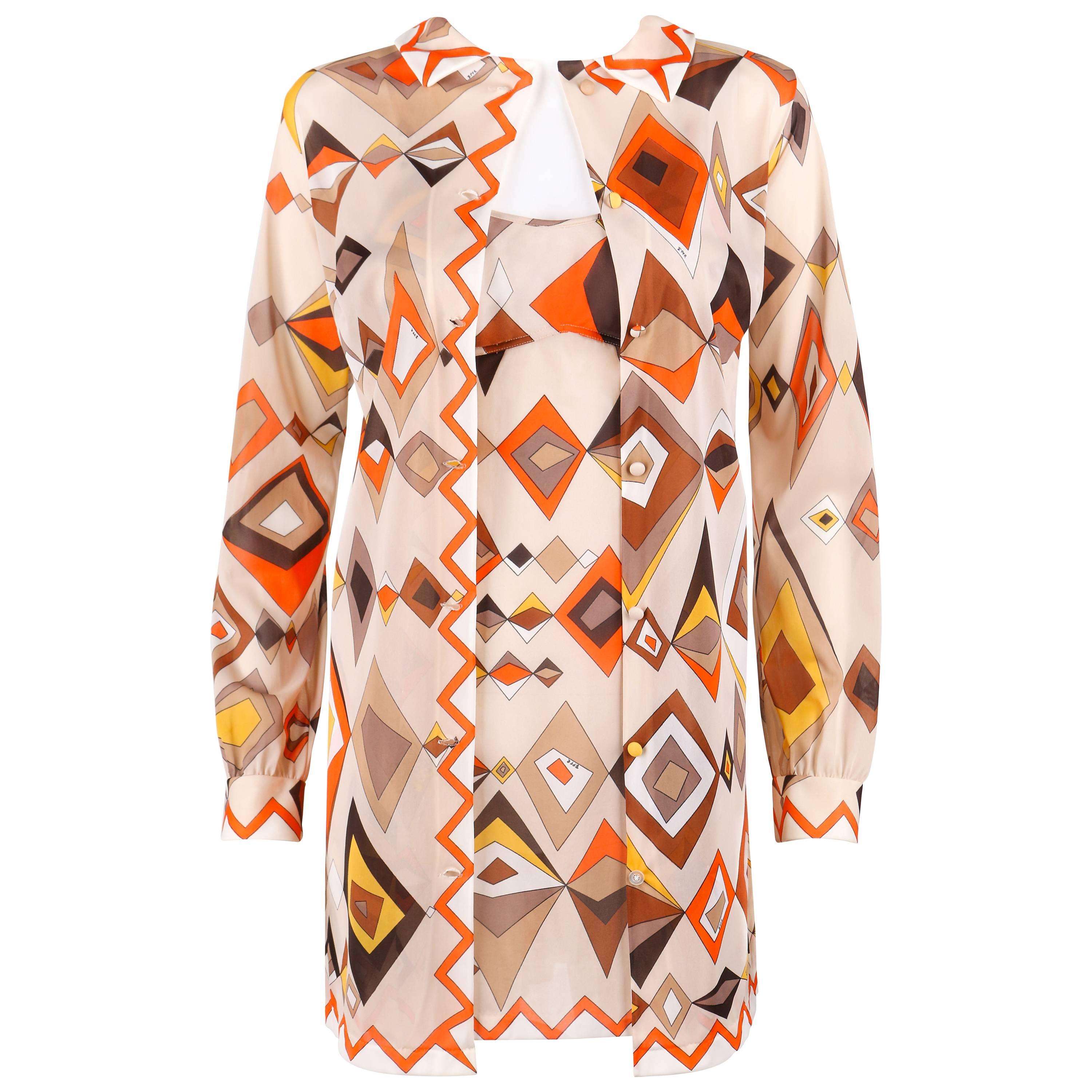 EMILIO PUCCI c.1960s Formfit Rogers 2pc Tan Geometric Print Tunic Dress Slip Set