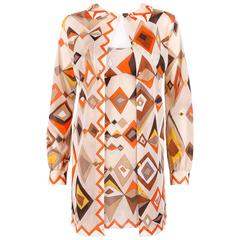 EMILIO PUCCI c.1960s Formfit Rogers 2pc Tan Geometric Print Tunic Dress Slip Set 12