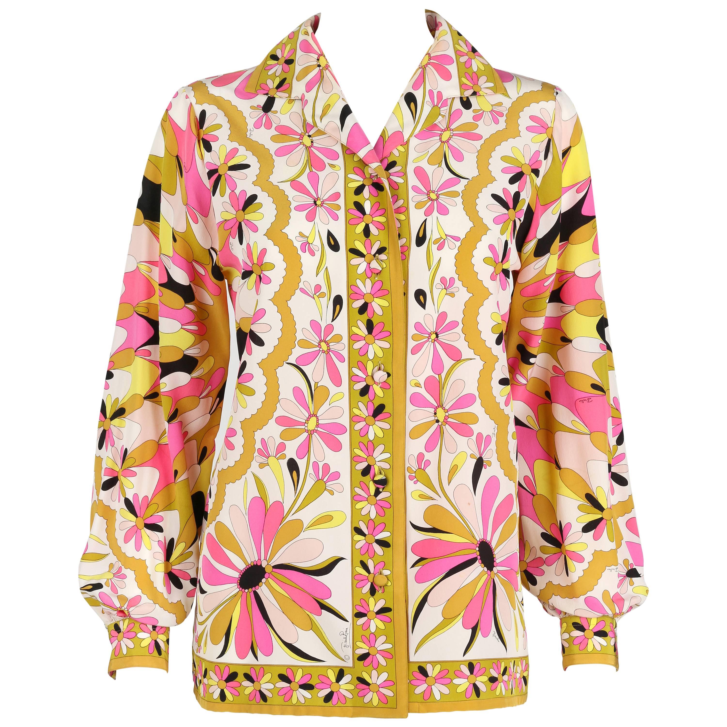 EMILIO PUCCI c.1970's Pink Kaleidoscope Daisy Print 100% Silk Blouse Shirt Top