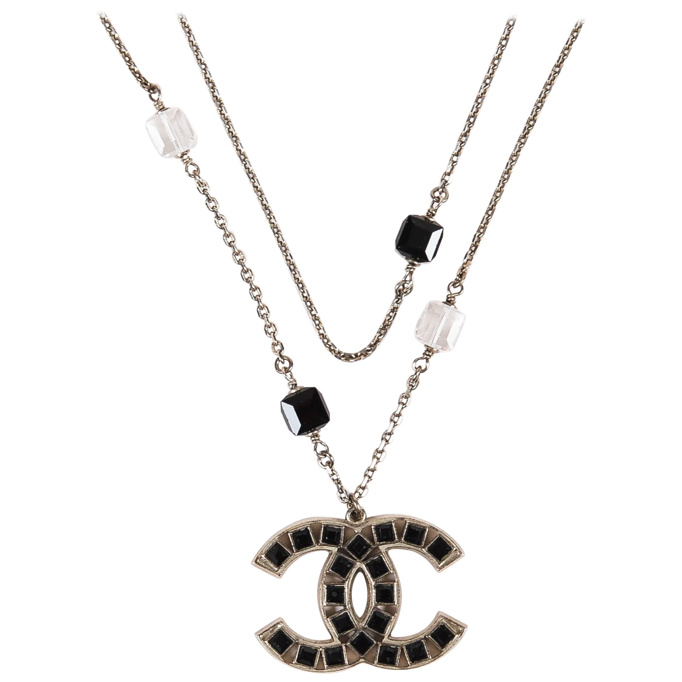 Chanel 08P Silver Tone Black Swarovski Crystal 'CC' Logo Double Chain Necklace For Sale