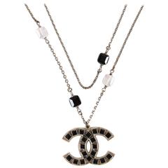 Chanel 08P Silver Tone Black Swarovski Crystal 'CC' Logo Double Chain Necklace