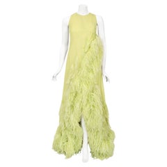 1968 Christian Dior Haute Couture Maria Felix Owned Chartreuse Silk Feather Gown