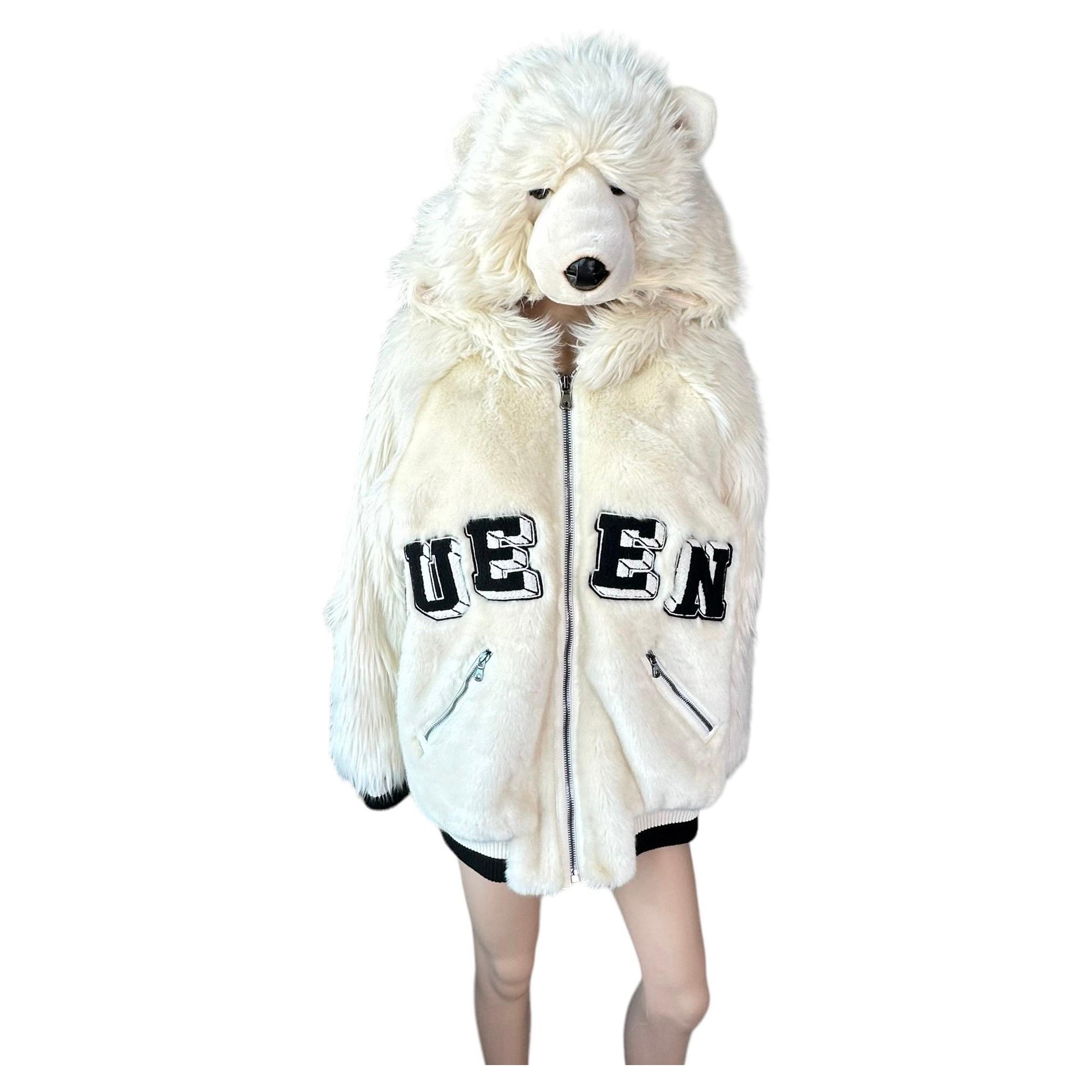Dolce & Gabbana F/W 2017 Runway Teddy Bear Hood Queen Eco Fur Bomber Jacket Coat For Sale