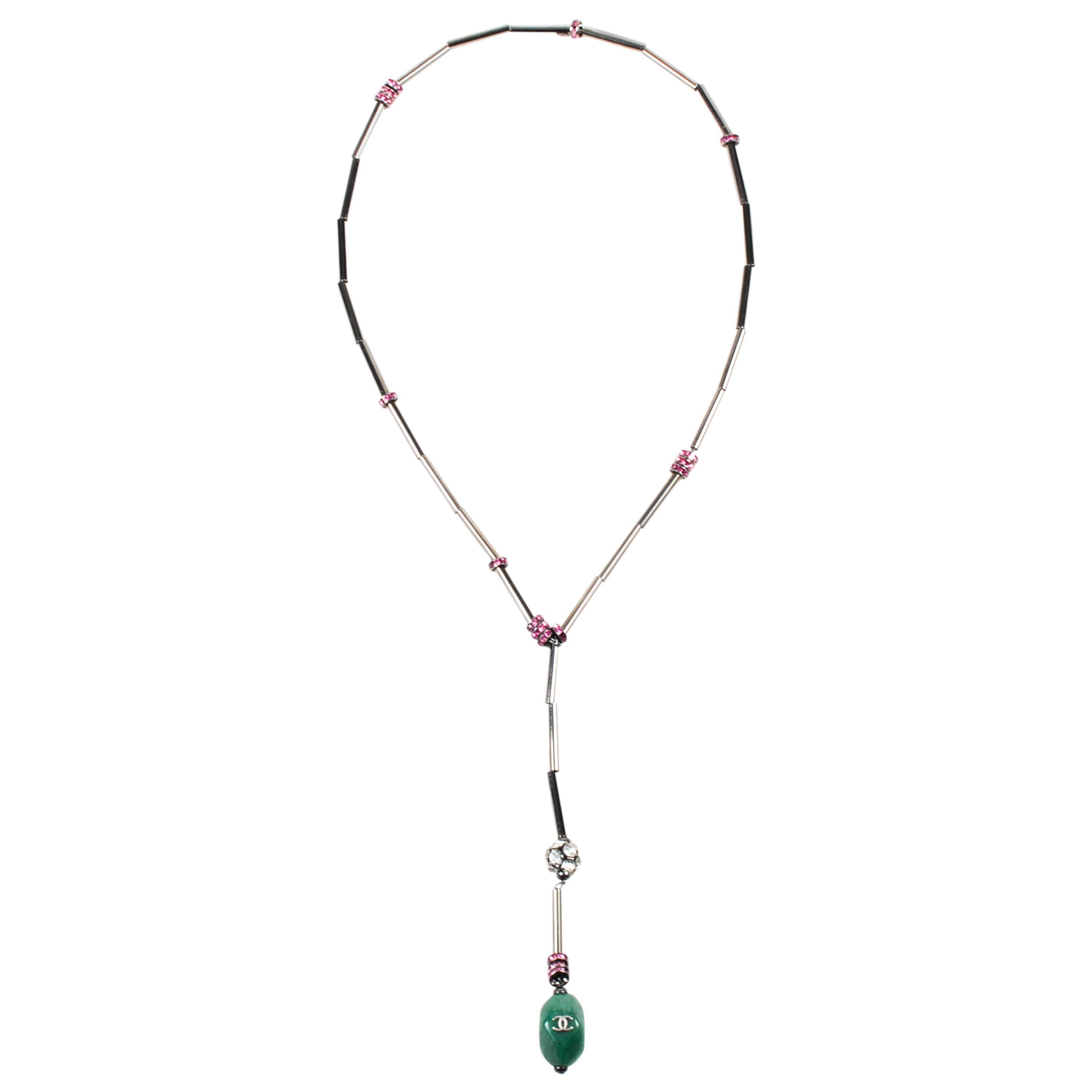 Chanel Gunmetal Pink Green Tube Bead Crystal Stone Embellished Pendant Necklace For Sale