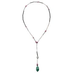Chanel Gunmetal Pink Green Tube Bead Crystal Stone Embellished Pendant Necklace