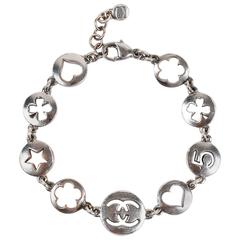 Chanel 2006 Spring Gunmetal Chain Link Circle Cut Out Logo Charm Bracelet