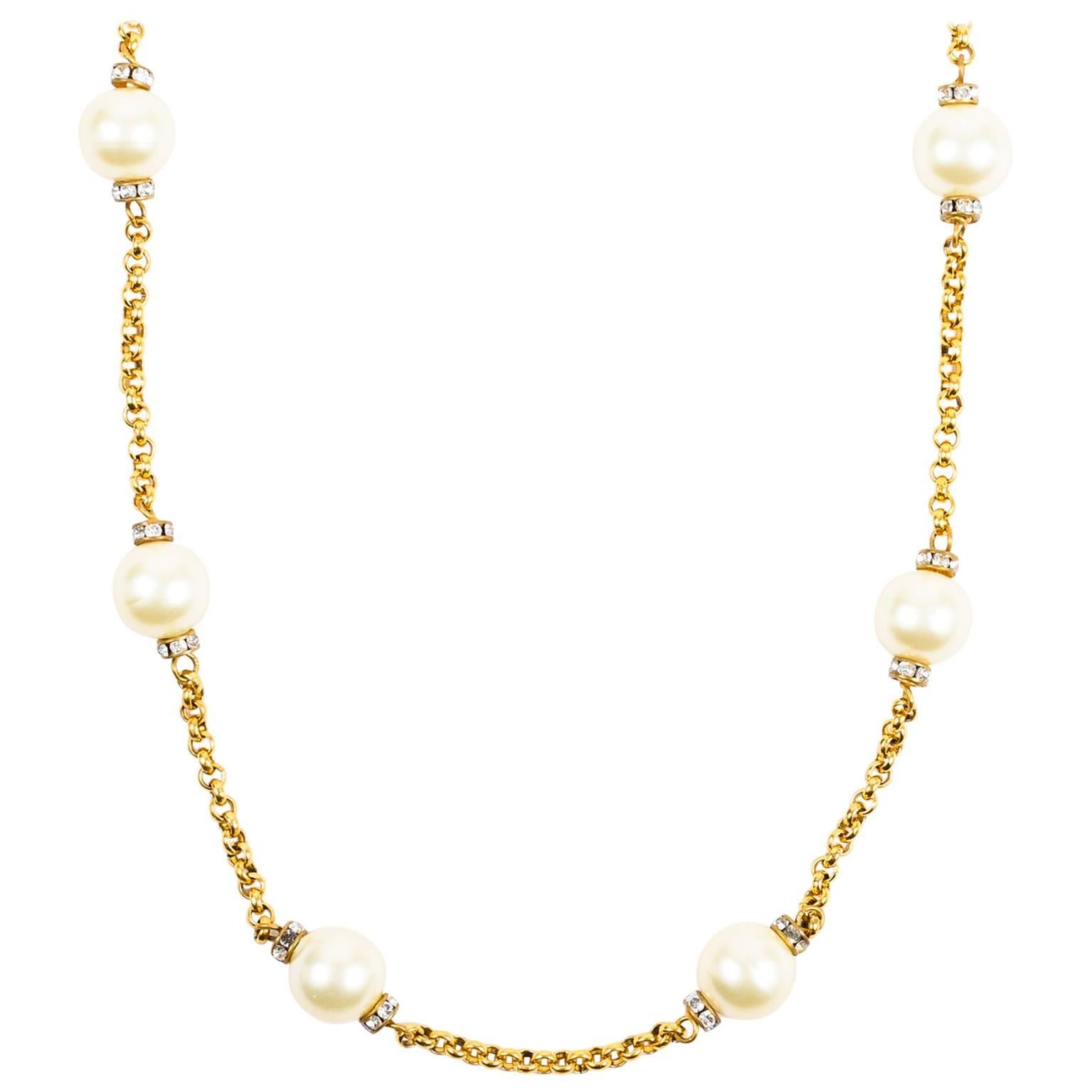 Vintage Chanel Gold Tone Metal Faux Pearl Crystal Strand Necklace For Sale