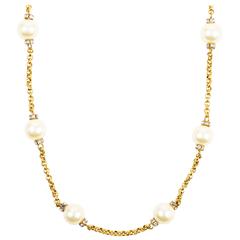 Vintage Chanel Gold Tone Metal Faux Pearl Crystal Strand Necklace