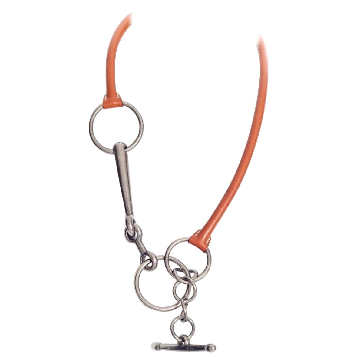 Hermès Tarquinia Brown Leather Palladium Toggle Necklace