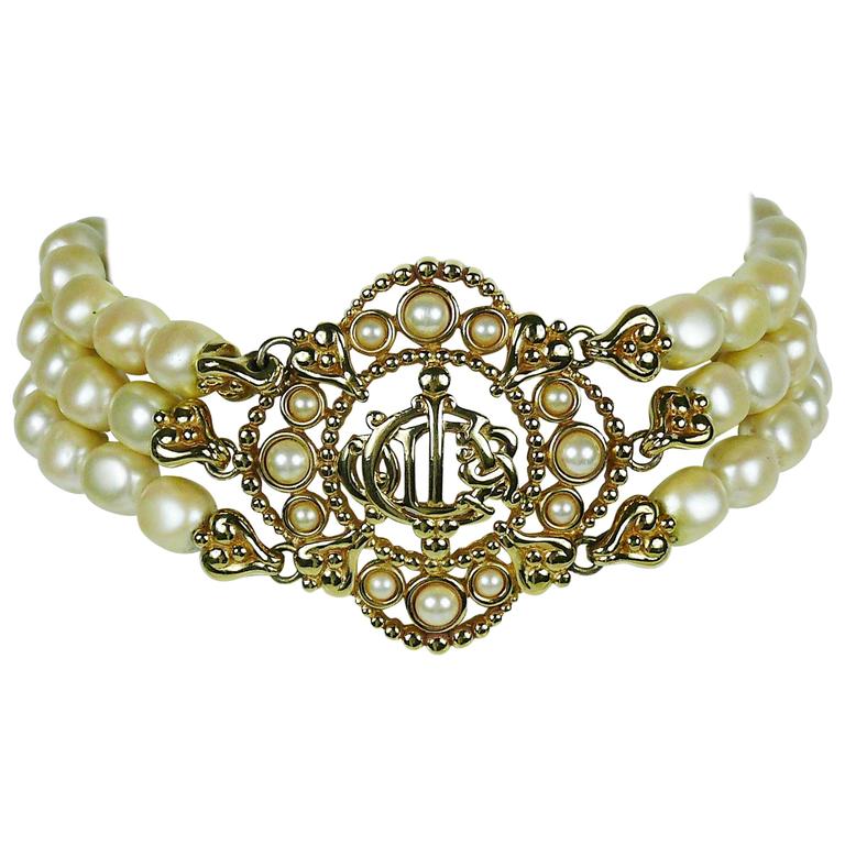 Christian Dior Vintage Pearl Logo Choker Necklace at 1stDibs