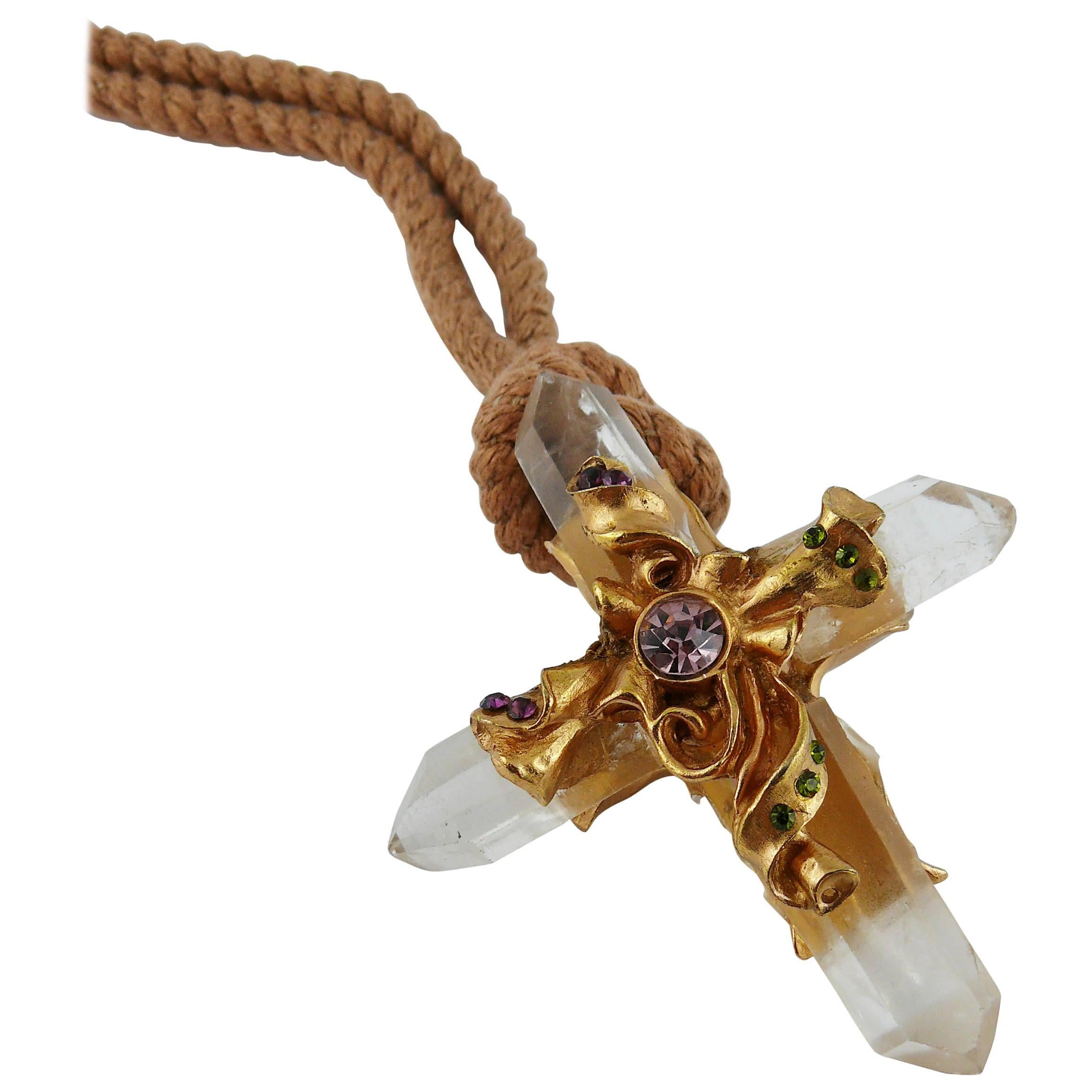 Christian Lacroix Vintage Rare Rock Crystal Cross Pendant Necklace