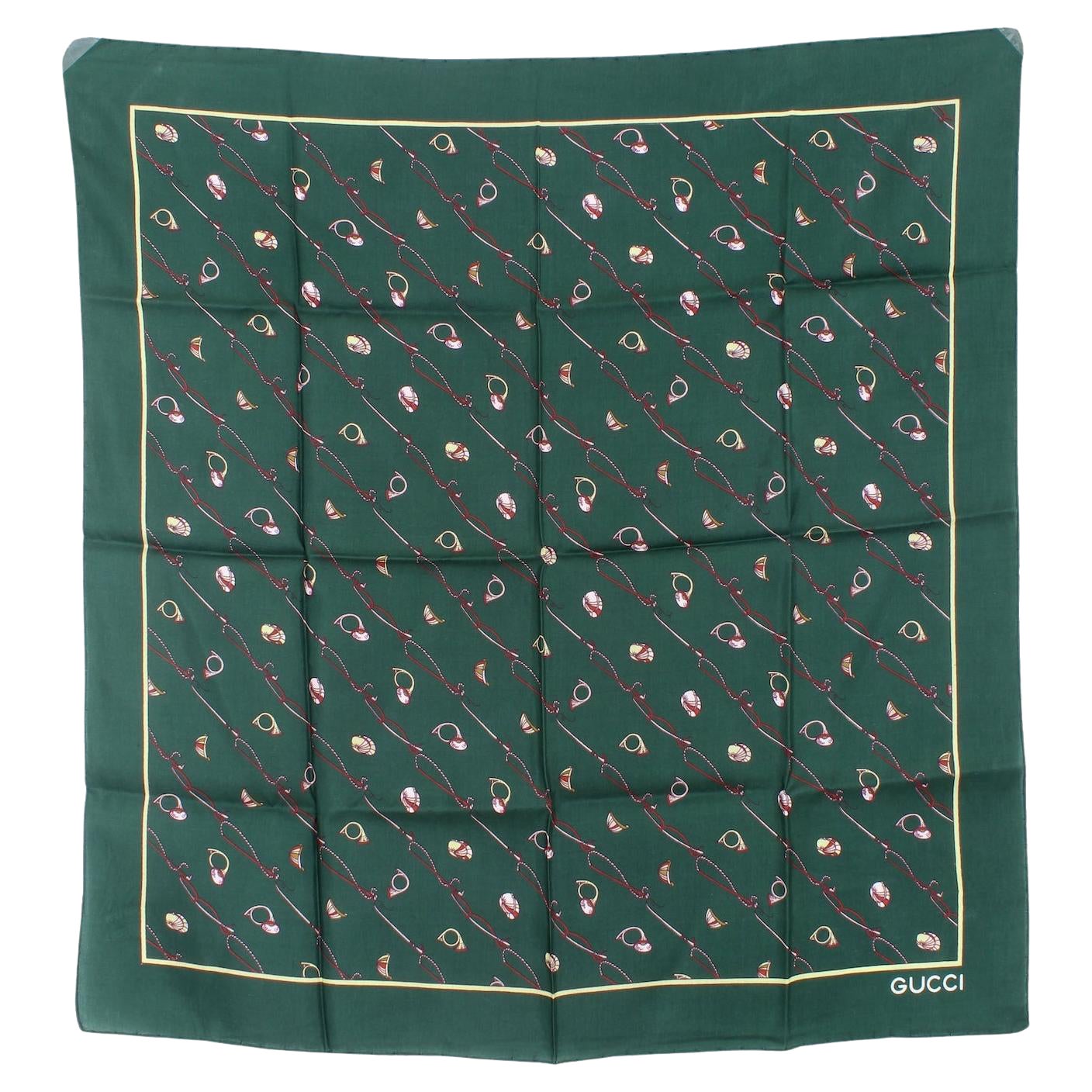 Gucci Green Silk Vintage Equestrian Scarf 70s For Sale