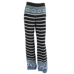 Emilio Pucci Black and White Silk Striped Pants with Blue Print Detail - 4