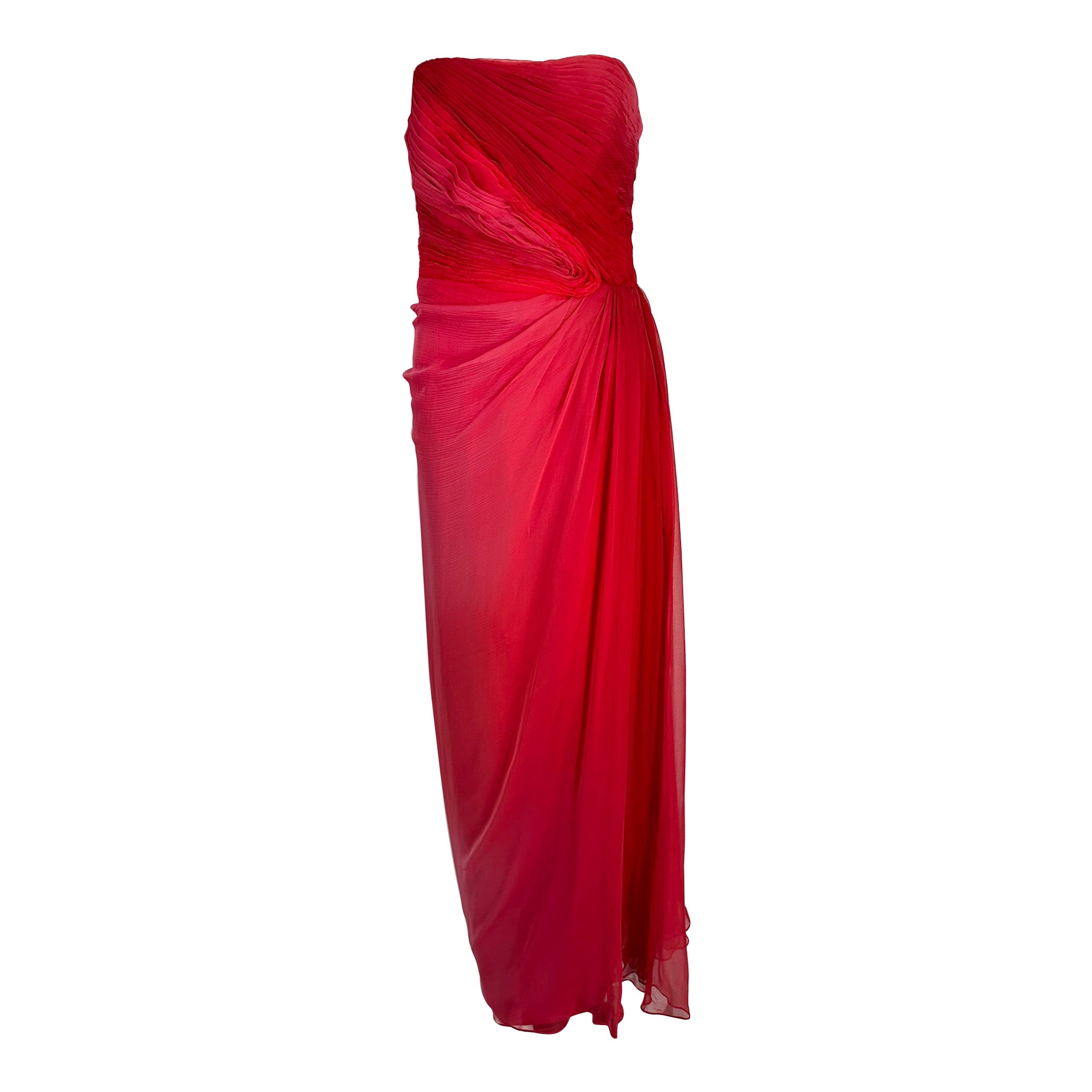 Monique Lhuillier Collection Red Pink Pleated Ombre Silk Chiffon Strapless Gown  For Sale