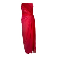 Monique Lhuillier Collection Red Pink Pleated Ombre Silk Chiffon Strapless Gown 