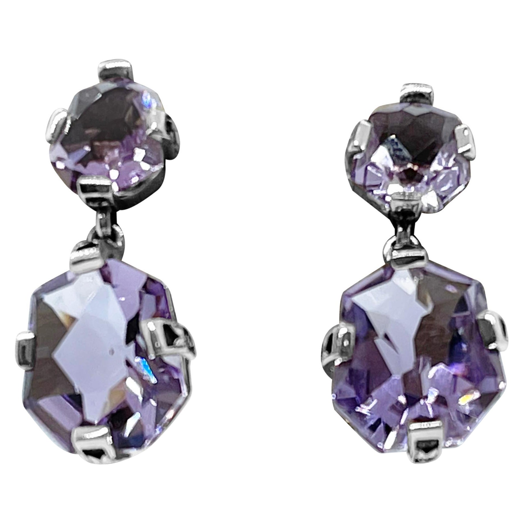Faceted Galactical Amethyst Double Drop Earring In Sterling Silver For Sale