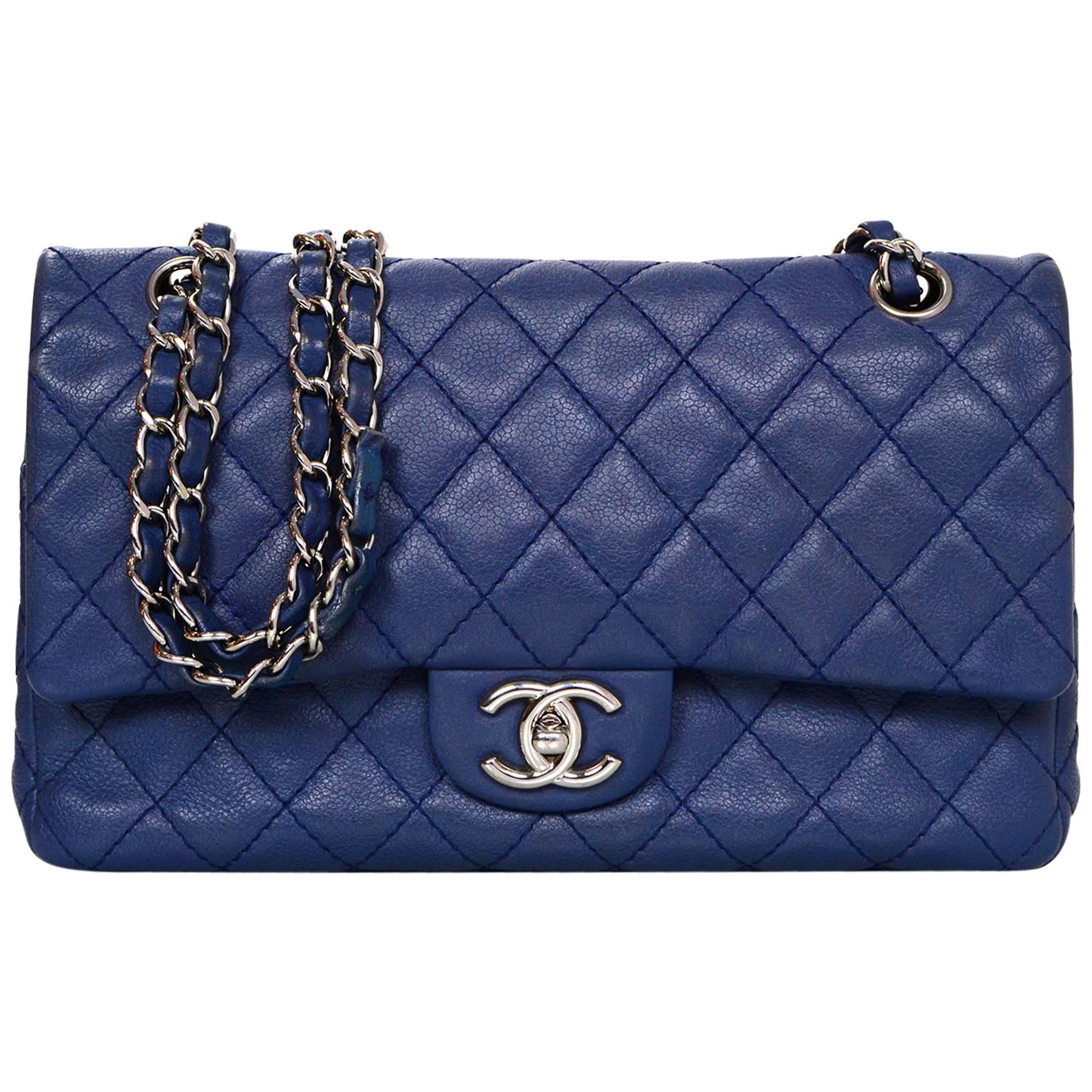 Chanel Blue Caviar Leather 10" Classic Medium Double Flap Bag