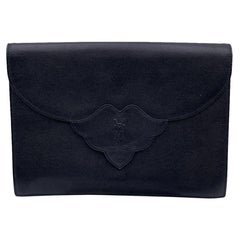 Yves Saint Laurent Vintage Black Leather YSL Logo Flap Clutch Purse
