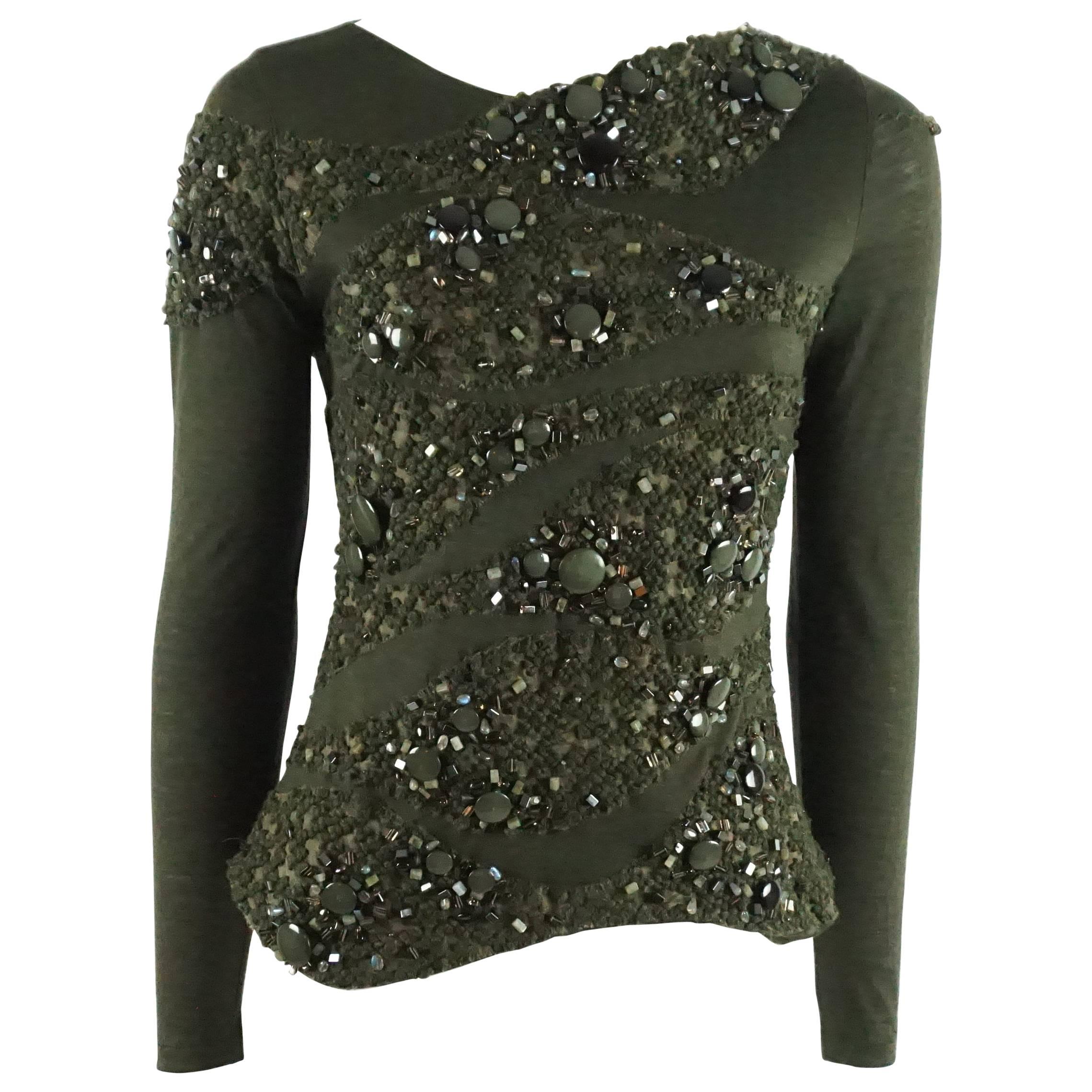 Akris Army Green Cashmere Heavily Beaded Top - 8