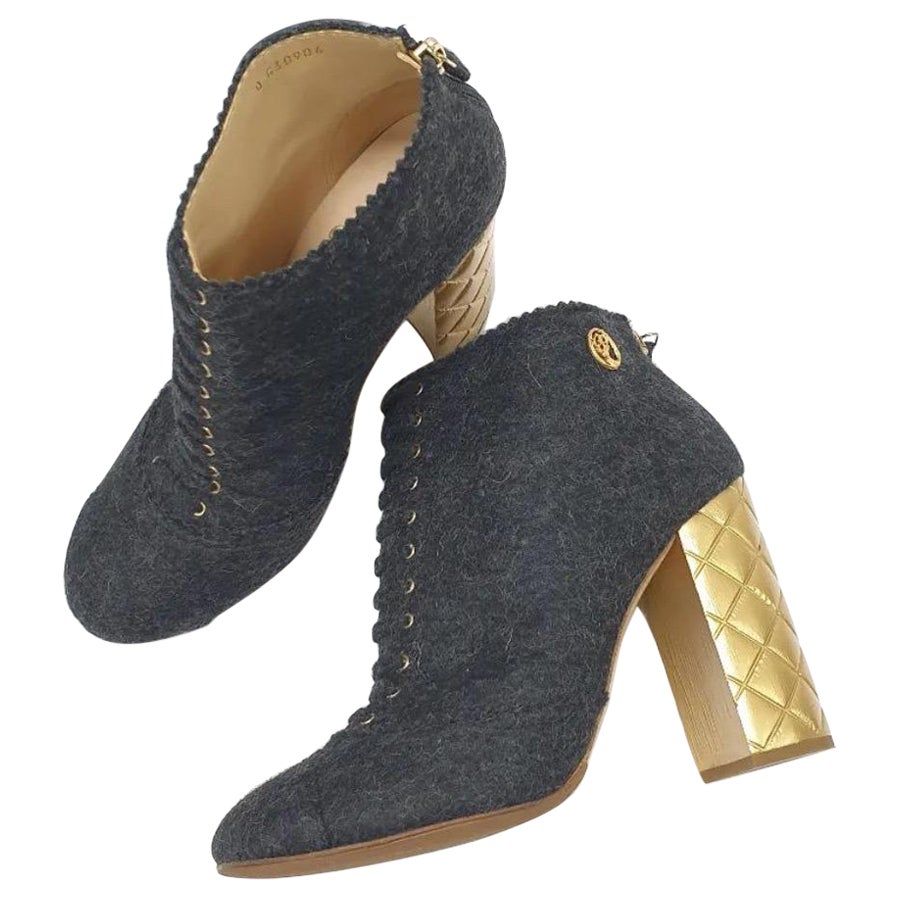 CHANEL Paris-Salzburg Grey Wool Quilted Gold Heeled Ankle Boots  For Sale