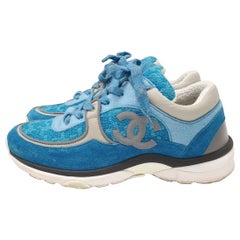 Chanel Turquoise Suede Reflective CC Logo Lace Up Sneakers