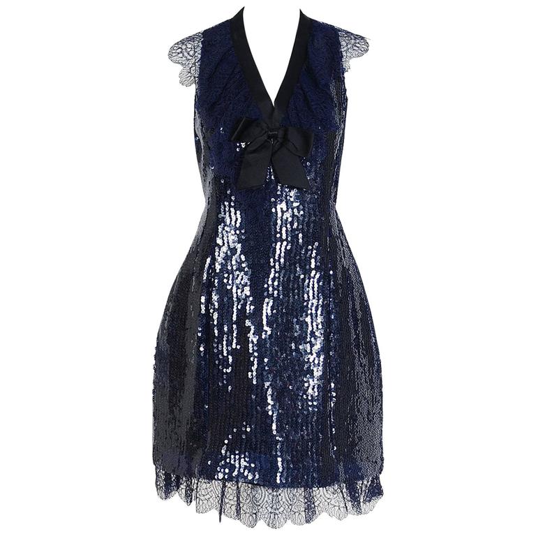 1987 Chanel Runway Navy-Blue Sequin Satin and Chantilly-Lace Cocktail ...