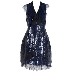 1987 Chanel Runway Navy-Blue Sequin Satin & Chantilly-Lace Cocktail Mini Dress