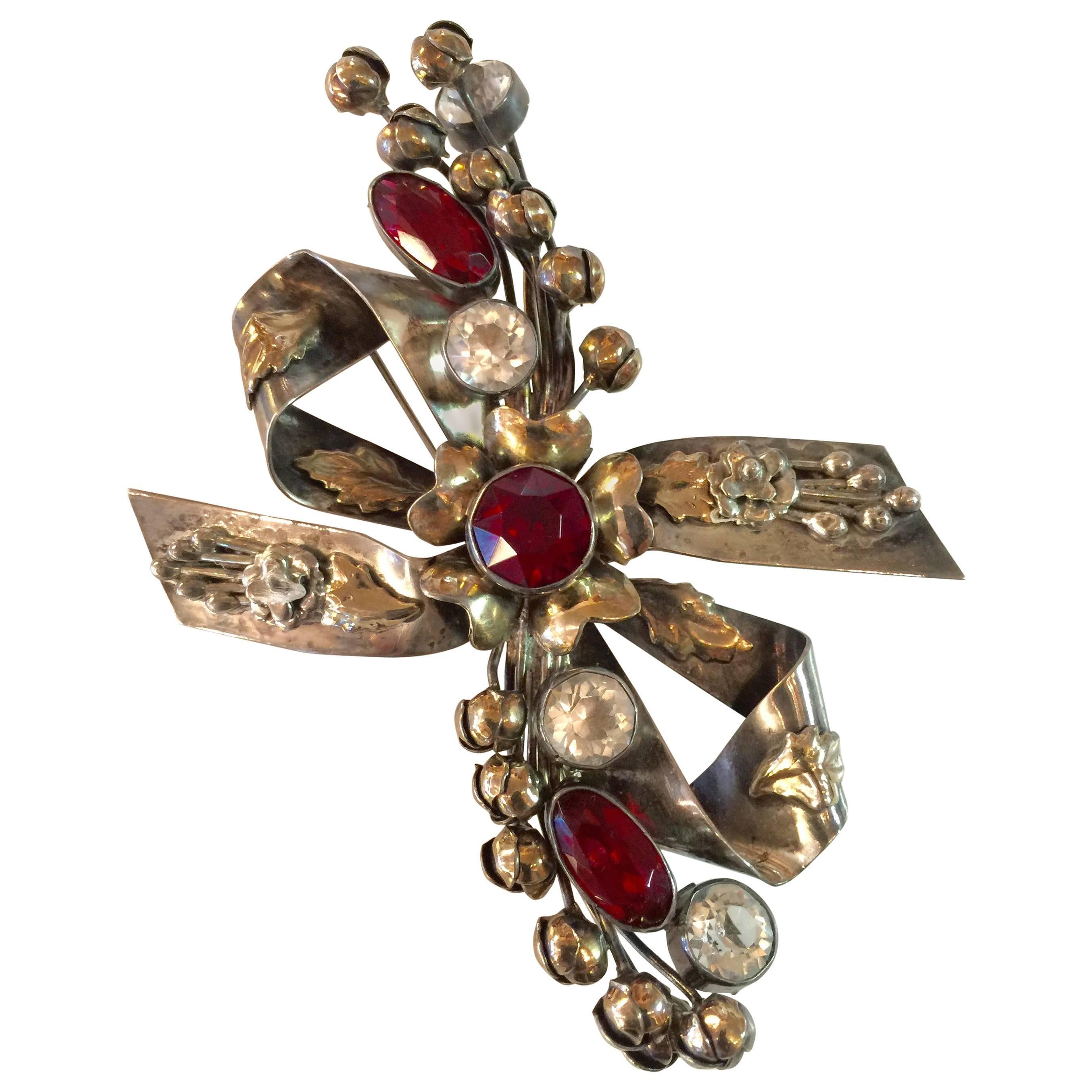 1940s HOBE Sterling and Gold Wash Faux Ruby Diamond Floral Bow Pin/Brooch For Sale