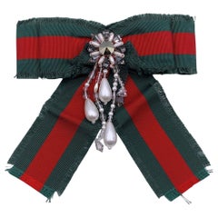 Gucci Red Green Grosgrain Bow Brooch Pin with Pearls and Crystals
