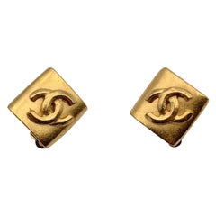 Chanel Vintage Gold Metal Square Embossed CC Logo Clip On Earrings