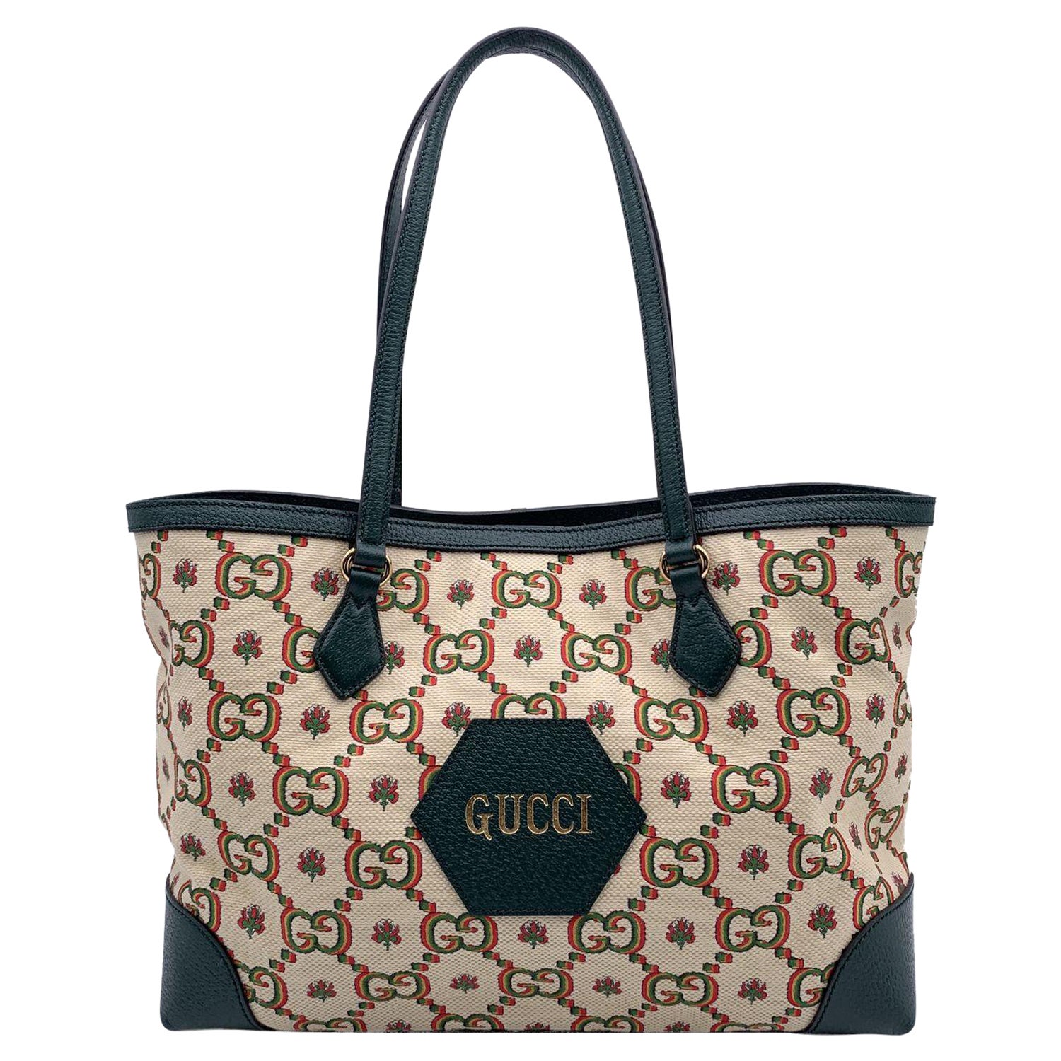 Gucci Beige Green GG Jacquard Medium 100 Ophidia Tote Bag For Sale